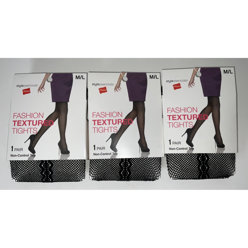 NIP Lot 3‎ Pairs Hanes Stylessentials Fashion Textured Fishnet Tights Black M/L
